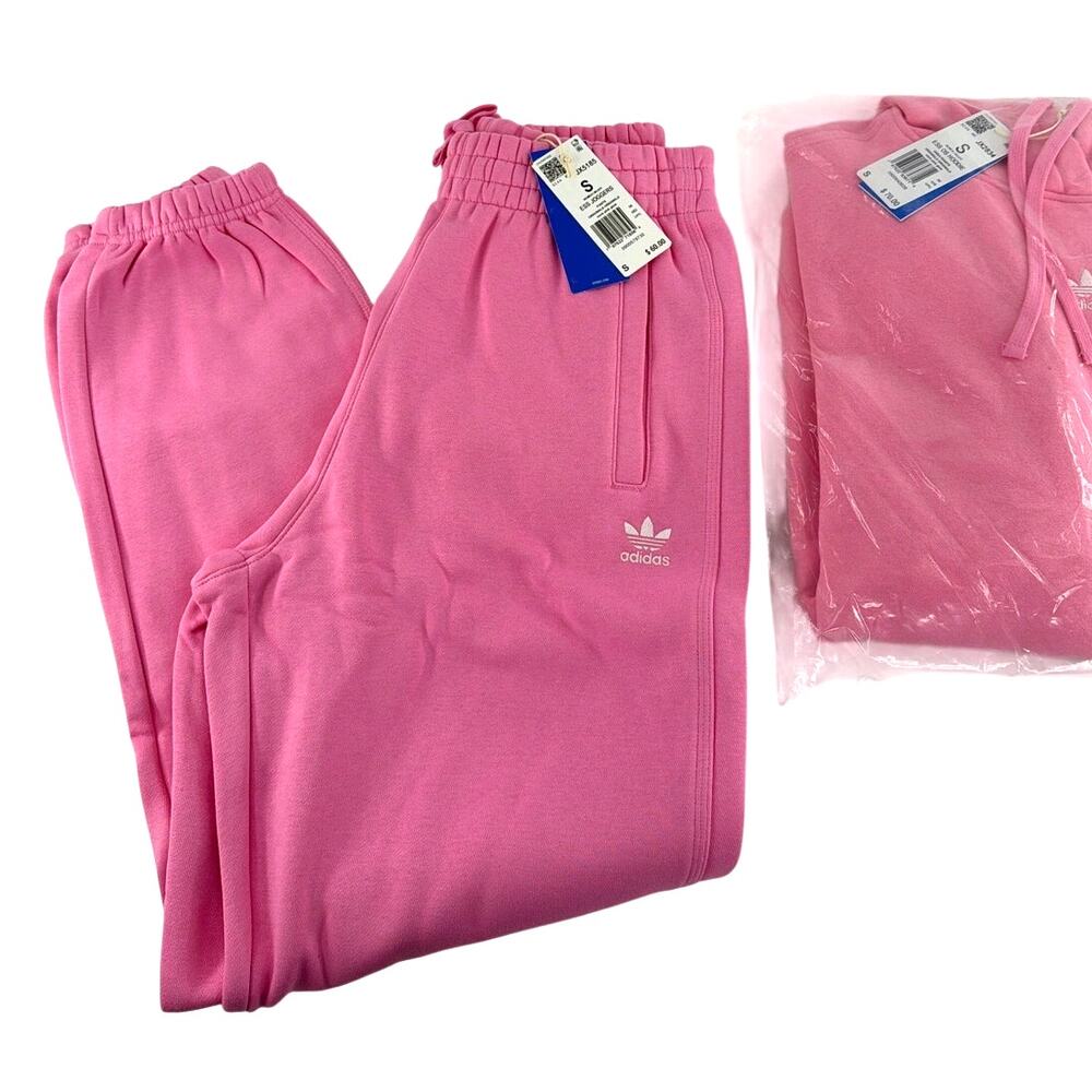 Adidas Pink Glow Essentials Oversized Fleece Loose Hoodie Jogger Set Size S - Picture 5 of 11